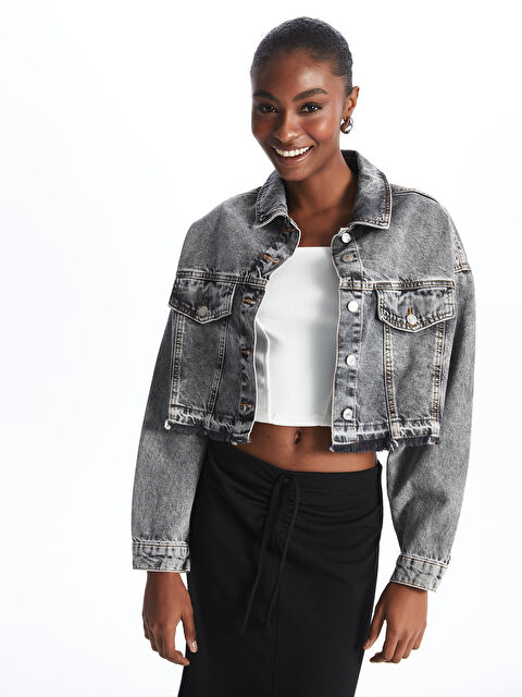 LCW Jeans Gömlek Yaka Oversize Kadın Jean Ceket - W3JH80Z8-GRD
