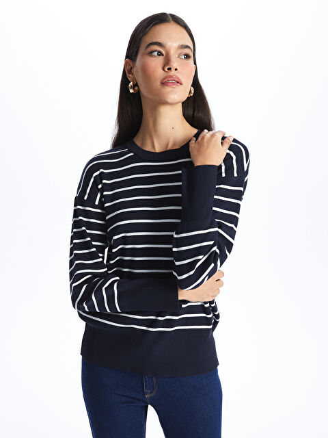 LCW Vision Bisiklet Yaka Çizgili Uzun Kollu Kadın Triko Kazak - W3JI73Z8-R41