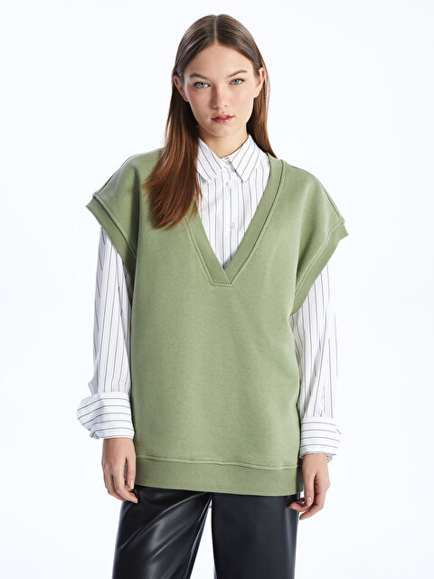 LCW Vision V Yaka Düz Oversize Kadın Kalın Sweatshirt - W3JL83Z8-GUY