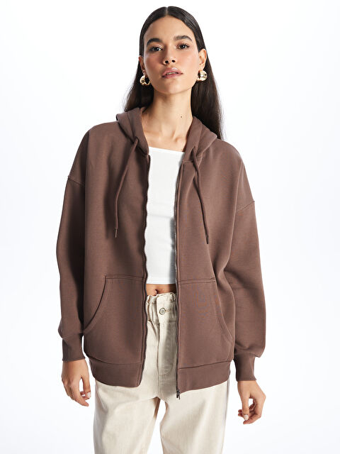 LCW Vision Kapüşonlu Oversize Kadın Kalın Fermuarlı Sweatshirt - W3JM95Z8-HLD