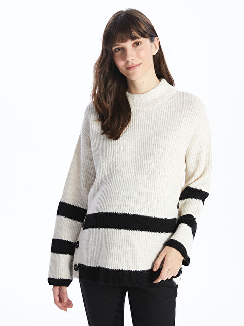 LCWAIKIKI Maternity Bisiklet Yaka Çizgili Uzun Kollu Hamile Triko Tunik - W3JU19Z8-R9J