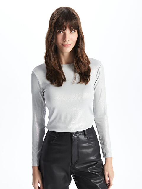 LCWAIKIKI Basic Bisiklet Yaka Parlak Görünümlü Uzun Kollu Kadın Bluz - W3K738Z8-JSB