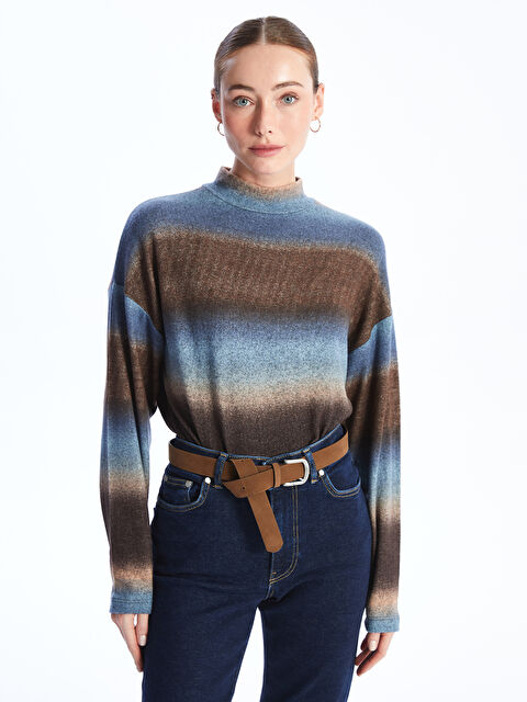 LCWAIKIKI Basic Dik Yaka Renk Bloklu Uzun Kollu Kadın Tişört - W3K757Z8-LQY