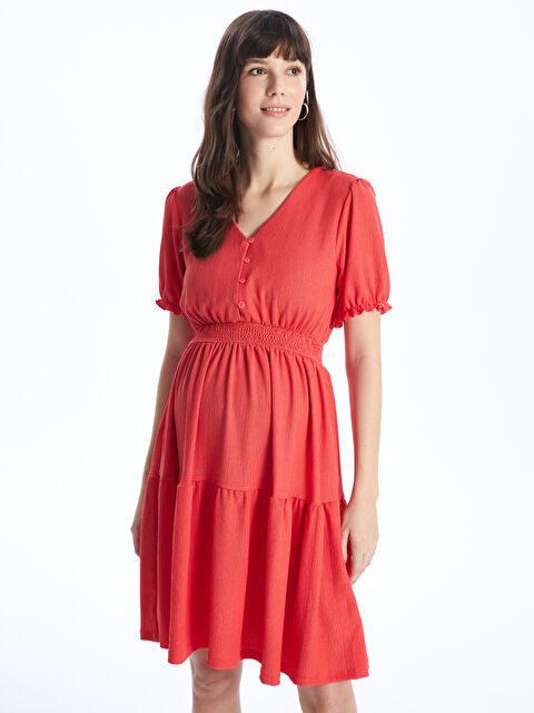 LCWAIKIKI Maternity V Yaka Düz Kısa Kollu Krinkle Hamile Elbise - S40052Z8-V39