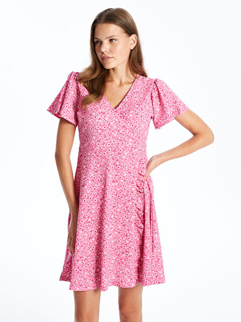 LCWAIKIKI Maternity Kruvaze Yaka Çiçekli Kısa Kollu Hamile Elbise - S40053Z8-LSZ