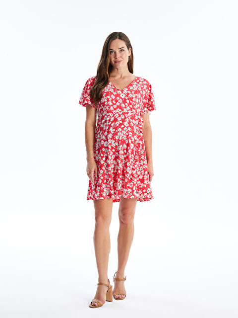 LCWAIKIKI Maternity Kruvaze Yaka Çiçekli Kısa Kollu Hamile Elbise