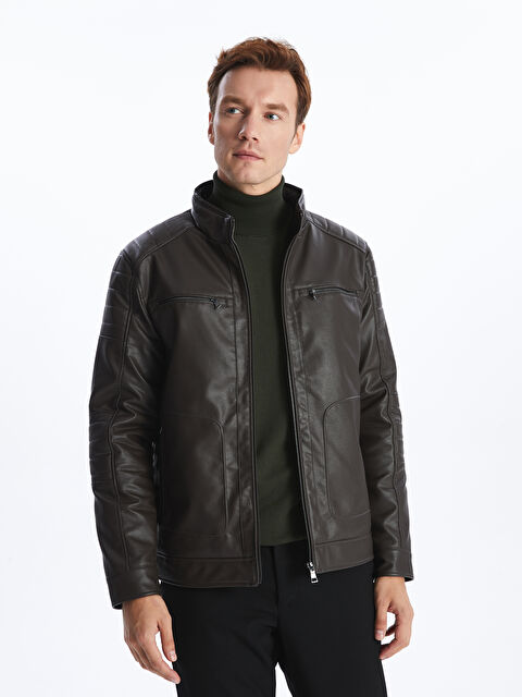 LCWAIKIKI Classic Standart Kalıp Dik Yaka Erkek Deri Görünümlü Ceket - S40410Z8-CXP