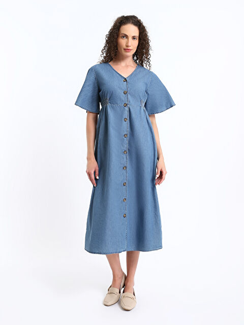 LCWAIKIKI Maternity V Yaka Düz Kısa Kollu Hamile Jean Elbise - S40566Z8-507