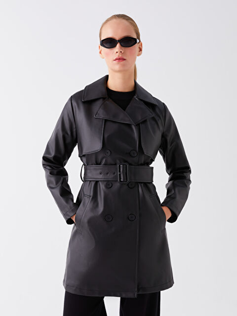LCW Modest Trench-coat Uni en Similicuir à Col de Veste pour Femmes - S40751Z8-RQL