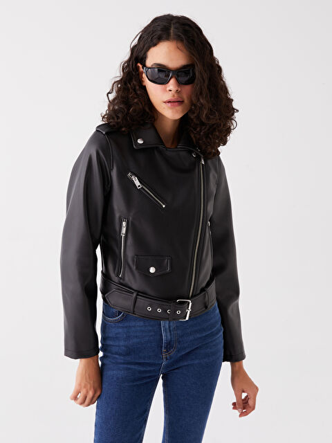 XSIDE Biker Yaka Kadın Deri Görünümlü Ceket - S40986Z8-CVL