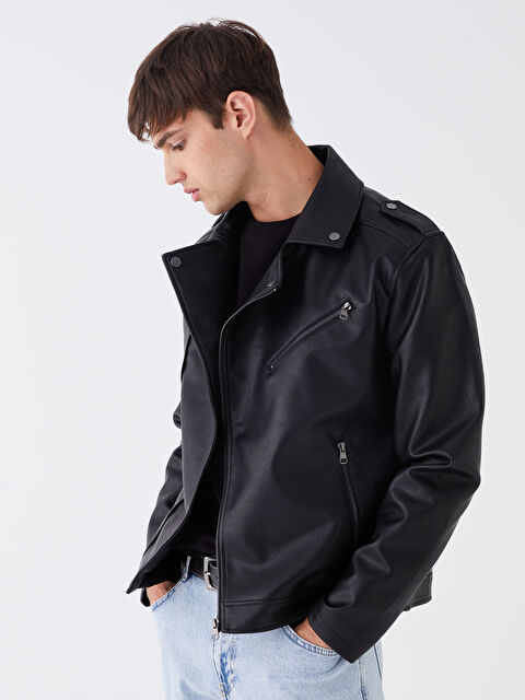 XSIDE Slim Fit Biker Yaka Erkek Deri Görünümlü Mont - S41140Z8-CVL