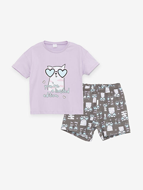 LCW Kids Crew Neck Printed Short Sleeve Girls' Pyjama Set with Shorts - S41729Z4-G0W