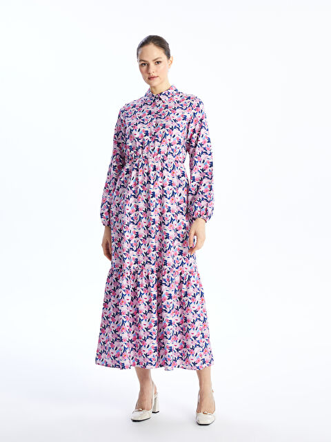 LCW Modest Gömlek Yaka Çiçekli Uzun Kollu Kadın Elbise - S42475Z8-LT6