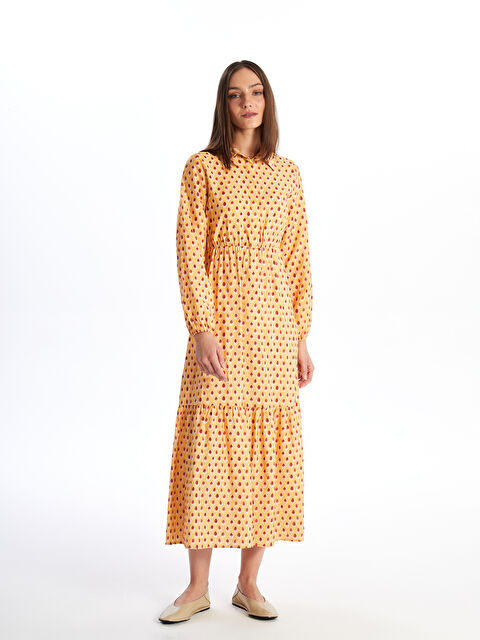 LCW Modest Collared Neck Patterned Long Sleeve Women's Dress - S42475Z8-LUE