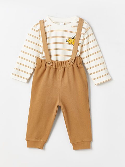 LCW baby تي شيرت كم طويل بكول مدور وسروال دنغري طقم من 2 قطع - S43268Z1-LFC