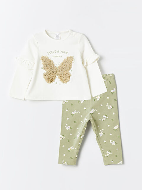 LCW baby بلوزة برقبة دائرية وكم طويل مطبوعة للبنات الرضع مع ليقنز - طقم من قطعتين - S43352Z1-FDU