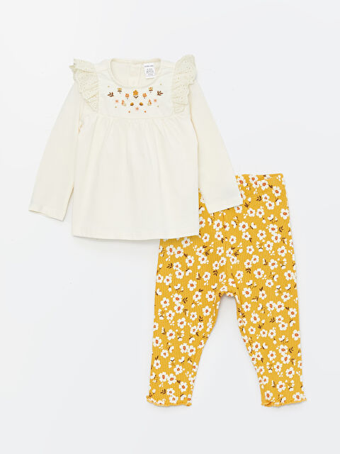 LCW baby Crew Neck Long Sleeve Printed Baby Girls' Blouse and Leggings 2 Pack Set - S43361Z1-FDL