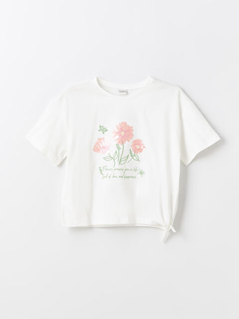 LCW Kids Bisiklet Yaka Çiçekli Kısa Kollu Kız Çocuk Tişört - S43906Z4-FDU