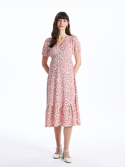 LCWAIKIKI Maternity V Yaka Desenli Kısa Kollu Hamile Elbise - S44216Z8-LT9
