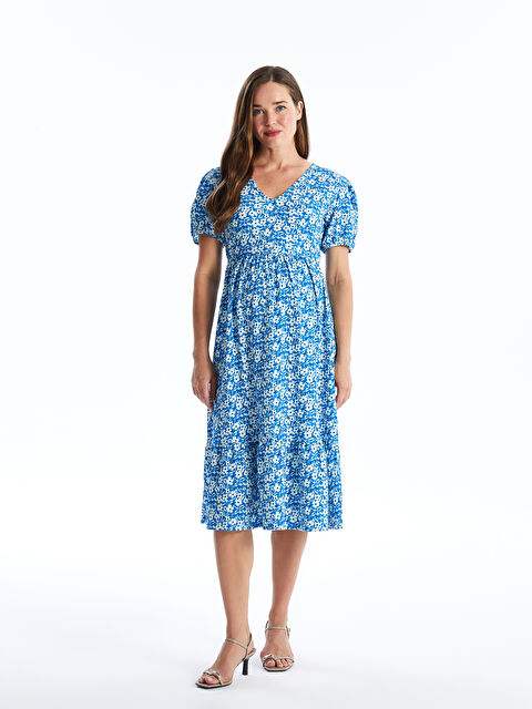 LCWAIKIKI Maternity V Yaka Çiçekli Kısa Kollu Hamile Elbise - S44216Z8-LQR