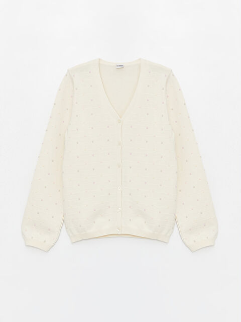 LCW Kids V-ს ფორმის დეკოლტეს ნიმუშიანი გრძელმკლავიანი ტრიკოტაჟის კარდიგანი გოგონებისთვის - S44565Z4-FRC