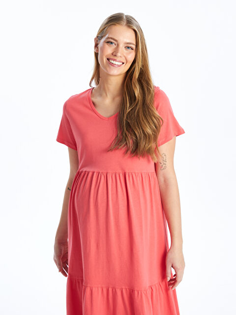 LCWAIKIKI Maternity V Yaka Düz Kısa Kollu Hamile Elbise - S44757Z8-V8S