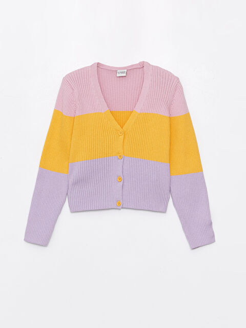 LCW Kids V Yaka Renk Bloklu Uzun Kollu Kız Çocuk Triko Hırka - S45156Z4-P8J