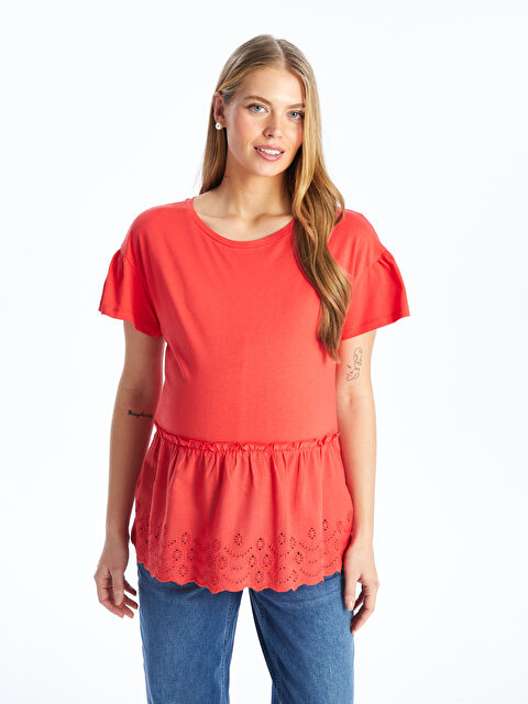 LCWAIKIKI Maternity Bisiklet Yaka Kendinden Desenli Kısa Kollu Hamile Tişört - S46135Z8-GPU