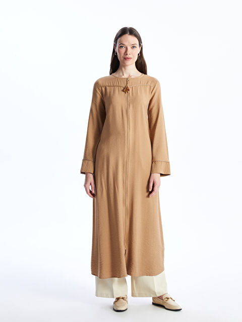 LCW Grace Bisiklet Yaka Düz Uzun Kollu Keten Görünümlü Kadın Ferace