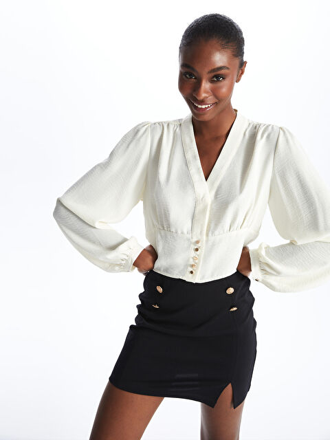 LCW Vision V Neck Plain Long Sleeve Crop Women's Blouse - S46206Z8-R9J