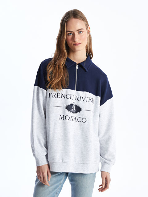 LCW Vision Shirt Collar Printed Long Sleeve Oversize Women's Sweatshirt - S46285Z8-847