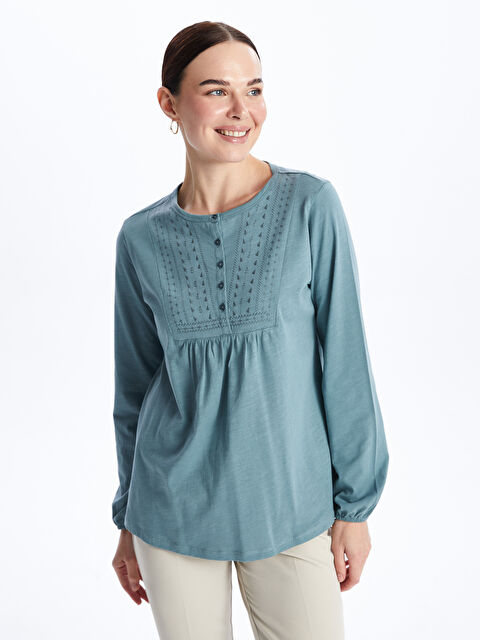 LCW Grace Bisiklet Yaka Nakışlı Uzun Kollu Kadın Bluz - S46651Z8-H1Y