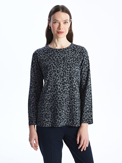 LCW Grace Bisiklet Yaka Desenli Uzun Kollu Kadın Tişört - S46750Z8-LQJ