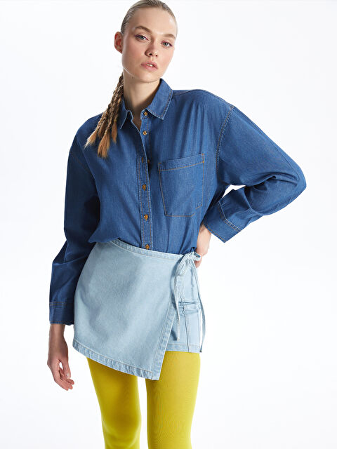 LCW Vision Düz Uzun Kollu Oversize Kadın Jean Gömlek