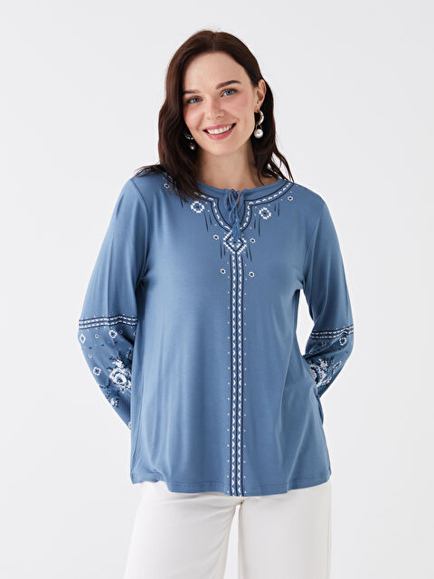 LCW Grace Bağlamalı Yaka Baskılı Uzun Kollu Kadın Bluz - S46835Z8-R2E