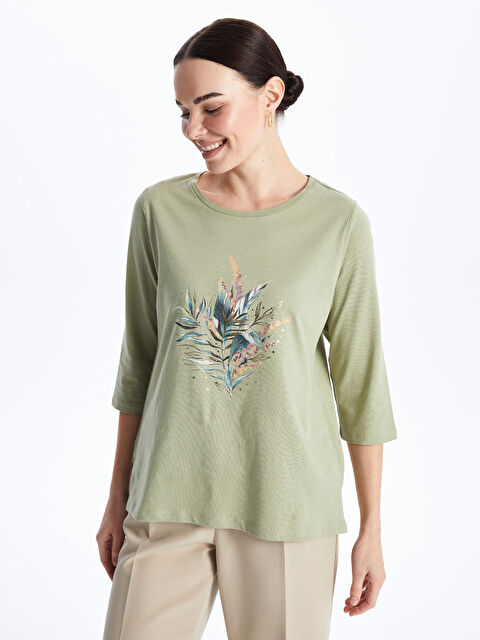 LCW Grace Bisiklet Yaka Baskılı Kadın Tişört - S47149Z8-GHY