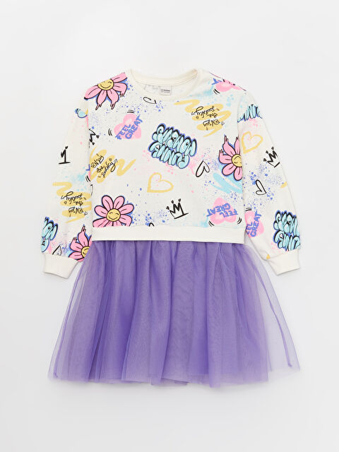 LCW Kids Haljina Okruglog İzreza Sa Štampanim Motivom Dugih Rukava Za Devojčice
