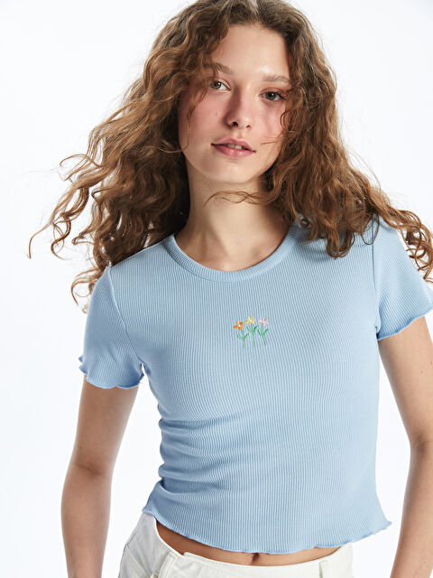 XSIDE Crew Neck Embroidered Short Sleeve Women's T-Shirt - S47662Z8-G0K