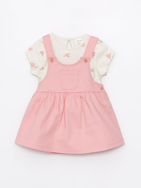 LCW baby Bisiklet Yaka Kısa Kollu Çiçekli Kız Bebek Bluz ve Salopet Elbise 2'li Takım - S47749Z1-SMK