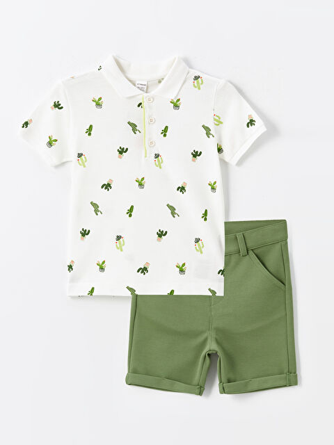 LCW Kids Polo Collar Short Sleeved Printed Baby Boy T-Shirt and Shorts 2-Pack Set - S47895Z1-LRA