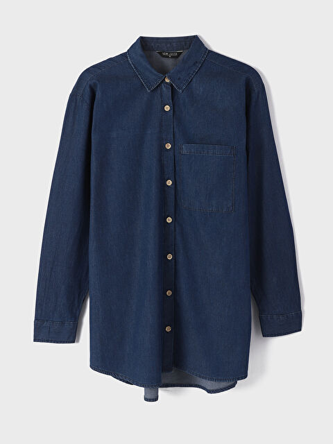 LCWAIKIKI Classic Collared Neck Plain Long Sleeve Women's Denim Tunic - S48111Z8-563