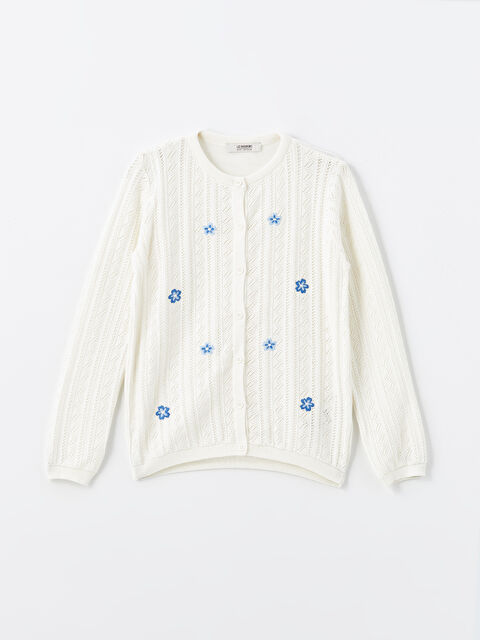 LCW Kids Bisiklet Yaka Çiçek Nakışlı Kız Çocuk Triko Hırka - S48202Z4-R9J