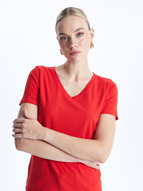 LCWAIKIKI Basic V-Neck Plain Short Sleeve Women's T-Shirt - S48208Z8-GYE