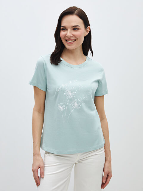 LCWAIKIKI Basic Bisiklet Yaka Baskılı Kısa Kollu Kadın Tişört