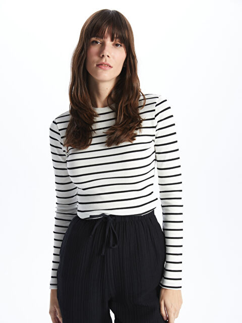 LCWAIKIKI Basic Bisiklet Yaka Çizgili Uzun Kollu Kadın Tişört - S48226Z8-LFC