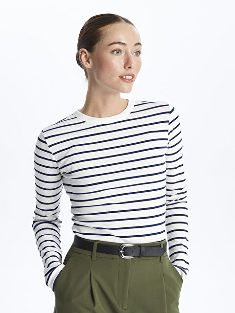 LCWAIKIKI Basic Bisiklet Yaka Çizgili Uzun Kollu Kadın Tişört - S48226Z8-LGS