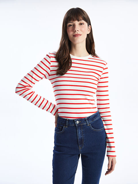 LCWAIKIKI Basic Bisiklet Yaka Çizgili Uzun Kollu Kadın Tişört - S48226Z8-LJE