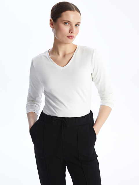LCWAIKIKI Basic V Yaka Düz Uzun Kollu Kadın Tişört - S48275Z8-R9J