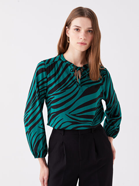 LCWAIKIKI Classic Tie Neck Patterned Long Sleeve Women's Blouse - S48402Z8-LS6