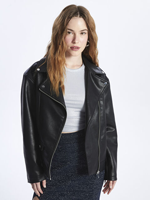 XSIDE Kadın Biker Yaka Düz Deri Görünümlü Mont - S48916Z8-CVL